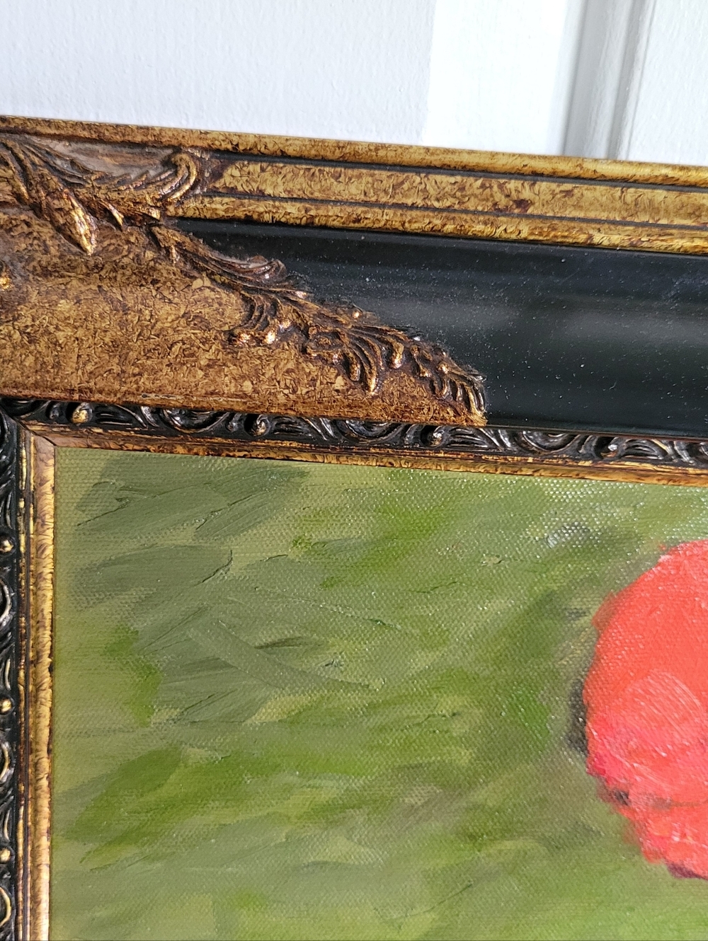 Oil on Canvas - Red Poppy Still Life Painting in Black and Gold Frame - Picture 6 of 8